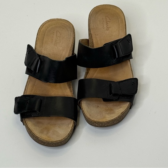 Clarks Shoes - Clarks Black Wedge Sandals Leather Two-Strap Design with Adjustable Buckles 9